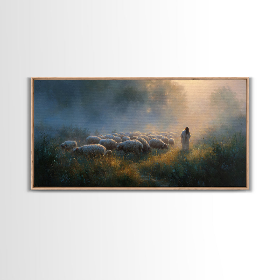 Shepherd’s Meadow Light | Framed Canvas Print | Christian Art Canvas | Christian Wall Art | Jesus Painting | Christmas Art | Vintage Christ