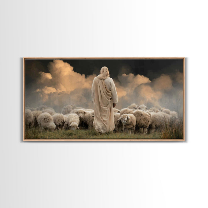Cloudside Flock Light, Framed Canvas Print, Jesus Painting, Christian Art Canvas, Christian Wall Art, Large Christian Painting, Christian A