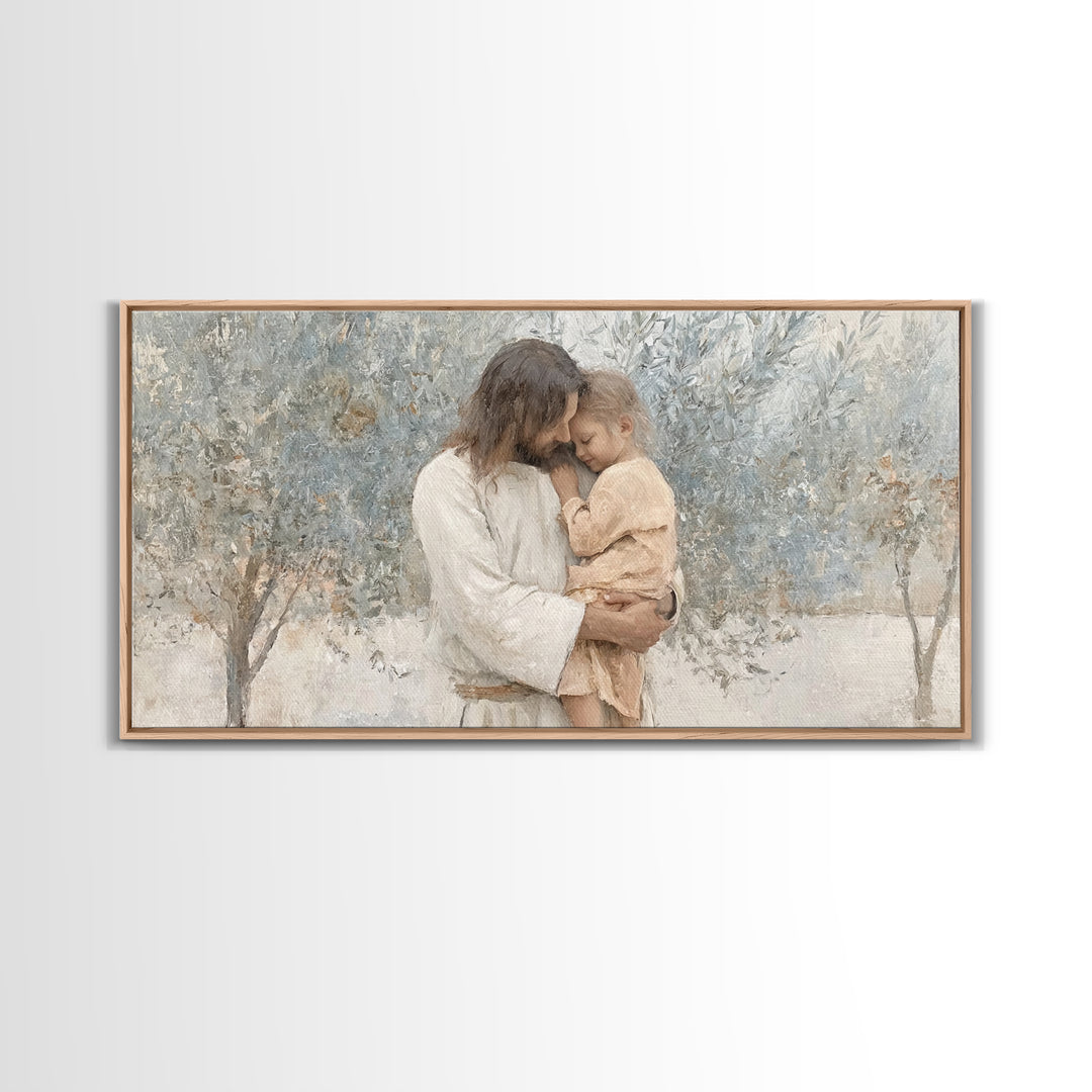Gentle Embrace, Framed Canvas Print, Jesus Painting Canvas, Christian Art Gift, Christian Wall Art, Modern Christian Art