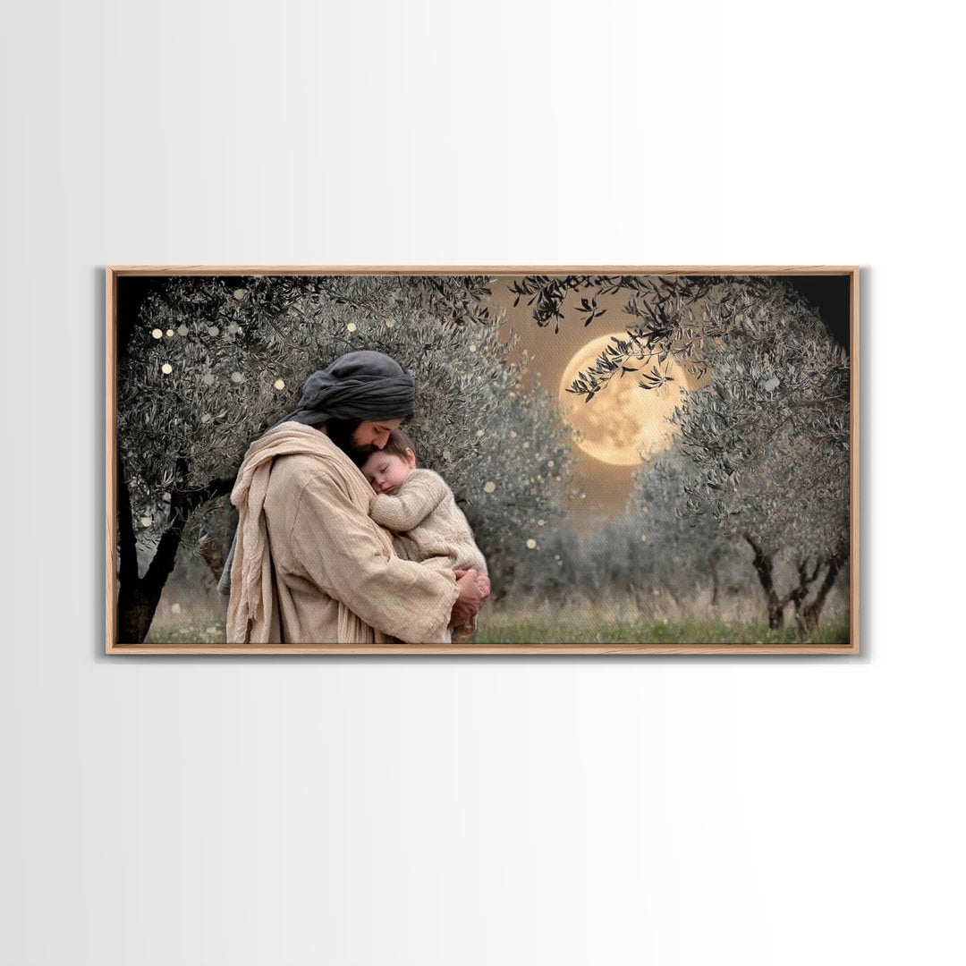 Moonlit Comfort | Framed Canvas Print | Jesus Wall Art | Christian Christmas Art | Christian Art Painting | Unique Christian Art