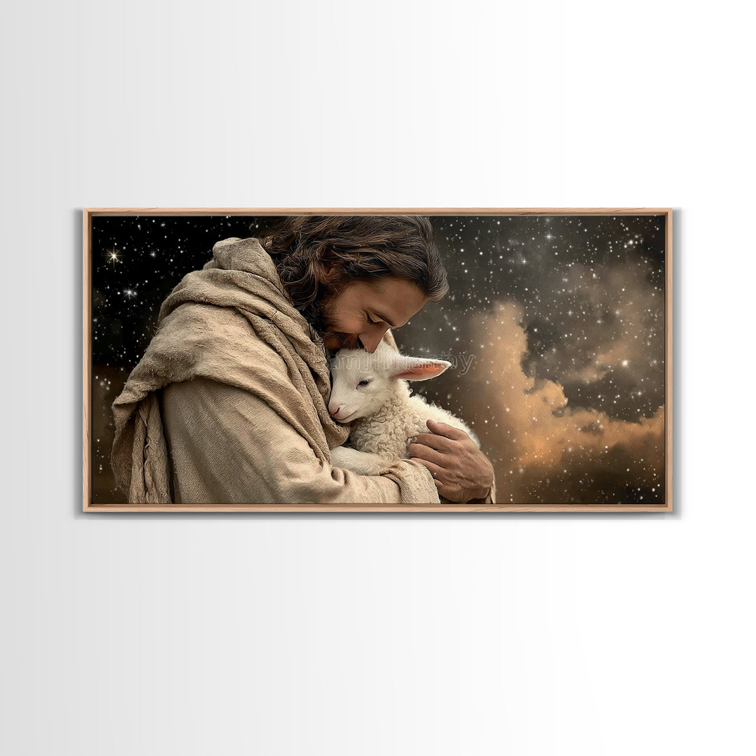 Shepherd’s Embrace – Framed Canvas Print – Christian Art Canvas – Christian Wall Art – Jesus Painting – Christian Christmas Art