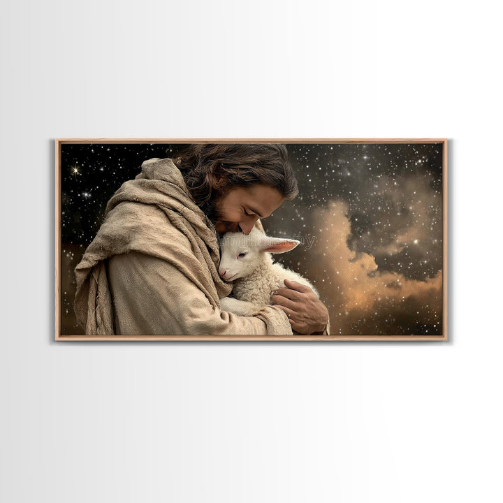 Shepherd’s Embrace – Framed Canvas Print – Christian Art Canvas – Christian Wall Art – Jesus Painting – Christian Christmas Art