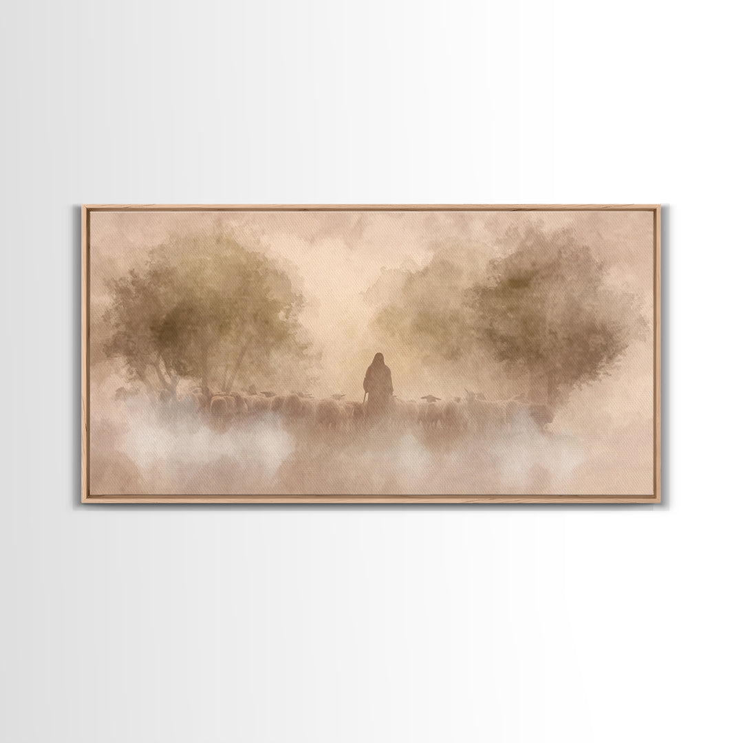 Shepherd’s Dawn Glow | Framed Canvas Print | Christian Art Canvas | Jesus Painting | Christian Wall Art | Moody Christian Art | Christmas W