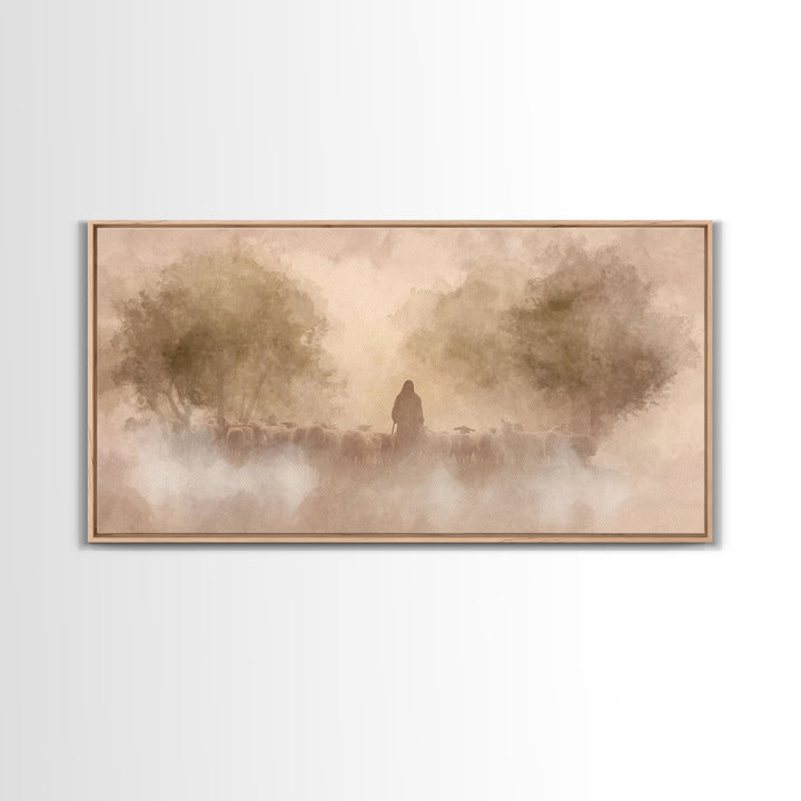 Shepherd’s Dawn Glow | Framed Canvas Print | Christian Art Canvas | Jesus Painting | Christian Wall Art | Moody Christian Art | Christmas W