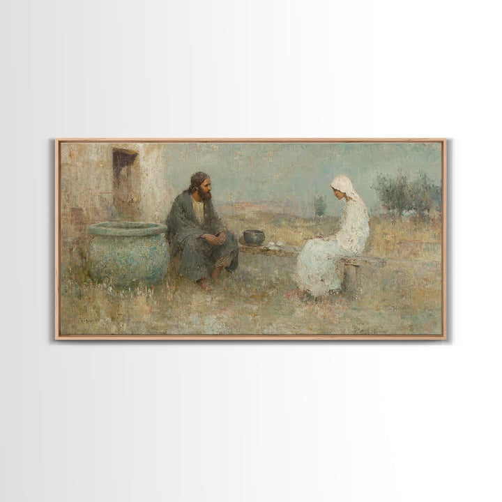 Quiet Well Encounter – Framed Canvas Print – Christian Art Canvas – Christian Painting – Subtle Christian Art – Christian Wall Art – Christ