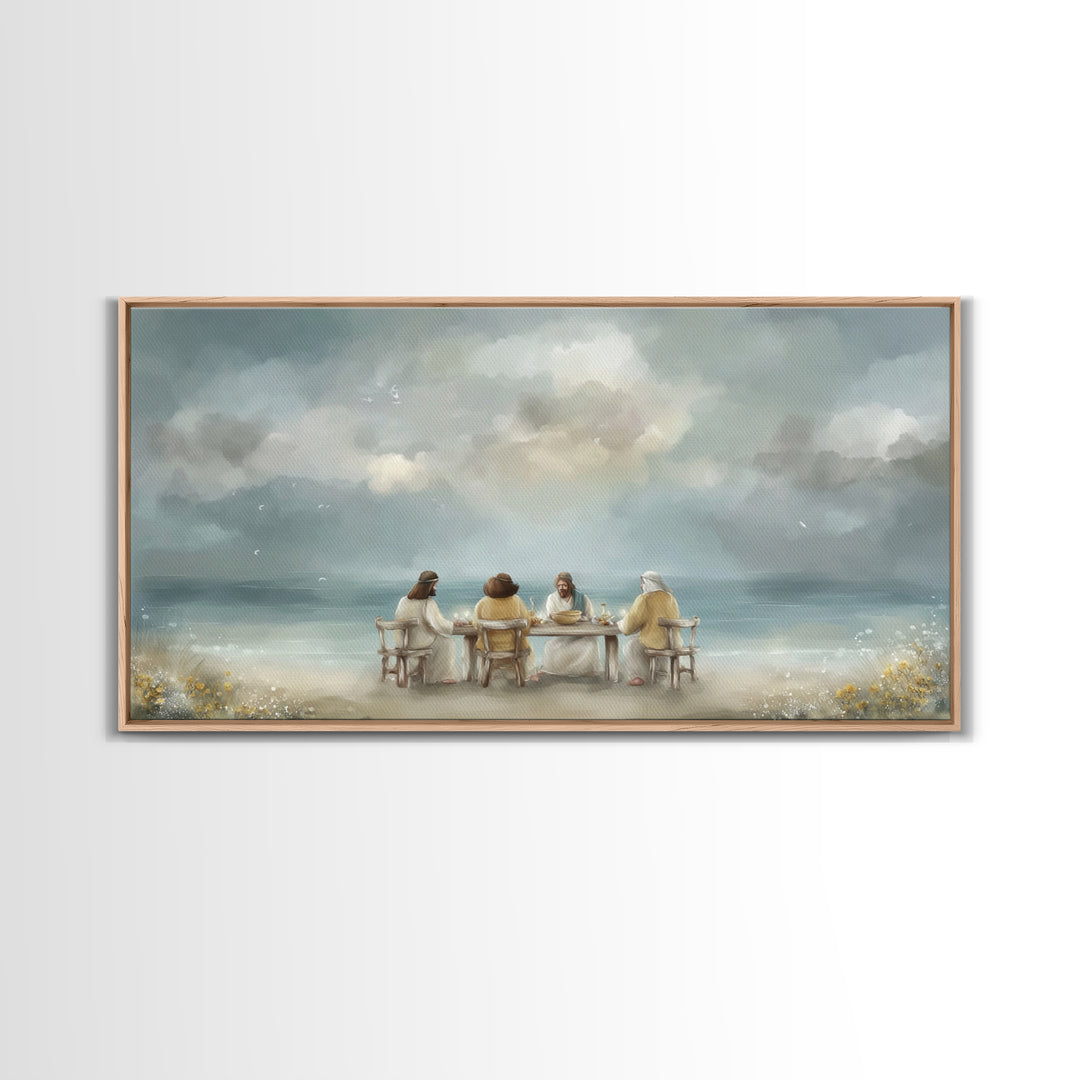 Seaside Supper, Framed Canvas Print, Christian Art Canvas, Christian Wall Art, Modern Christian Painting, Jesus Art Print, Christian Gift I