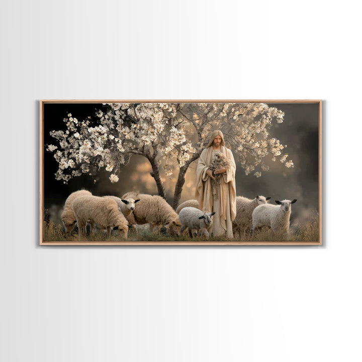 Blossom Shepherd – Framed Canvas Print – Jesus Painting – Christian Art Canvas – Christian Wall Art – Vintage Christian Art – Christian Dec