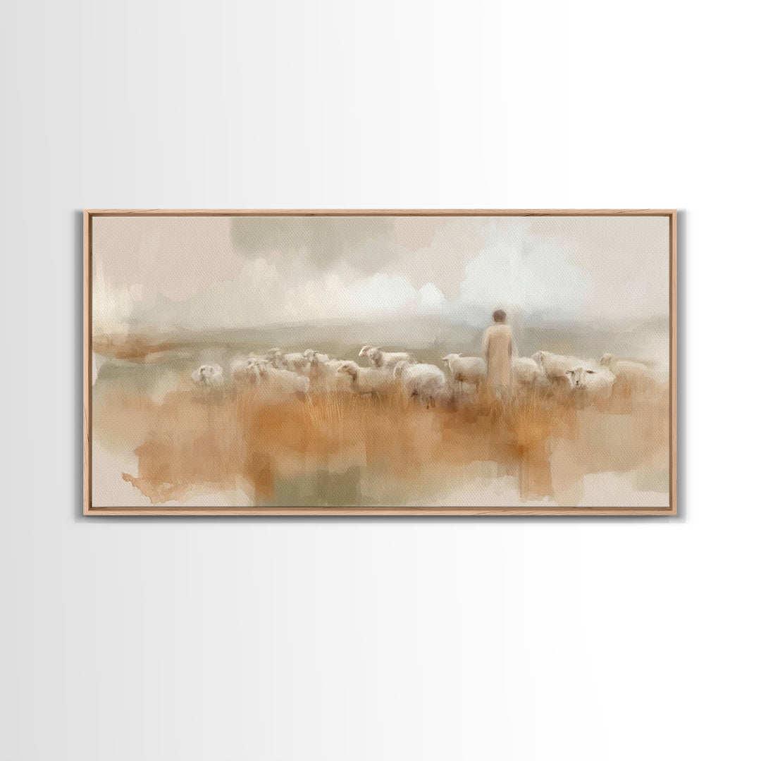 Soft Meadow Guide – Framed Canvas Print – Christian Art – Jesus Painting – Christian Art Canvas – Christian Wall Art – Christian Christmas