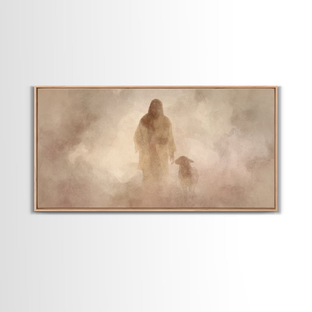 Misty Shepherd Path – Framed Canvas Print – Christian Wall Art – Jesus Painting – Christian Art Canvas – Christian Christmas Art