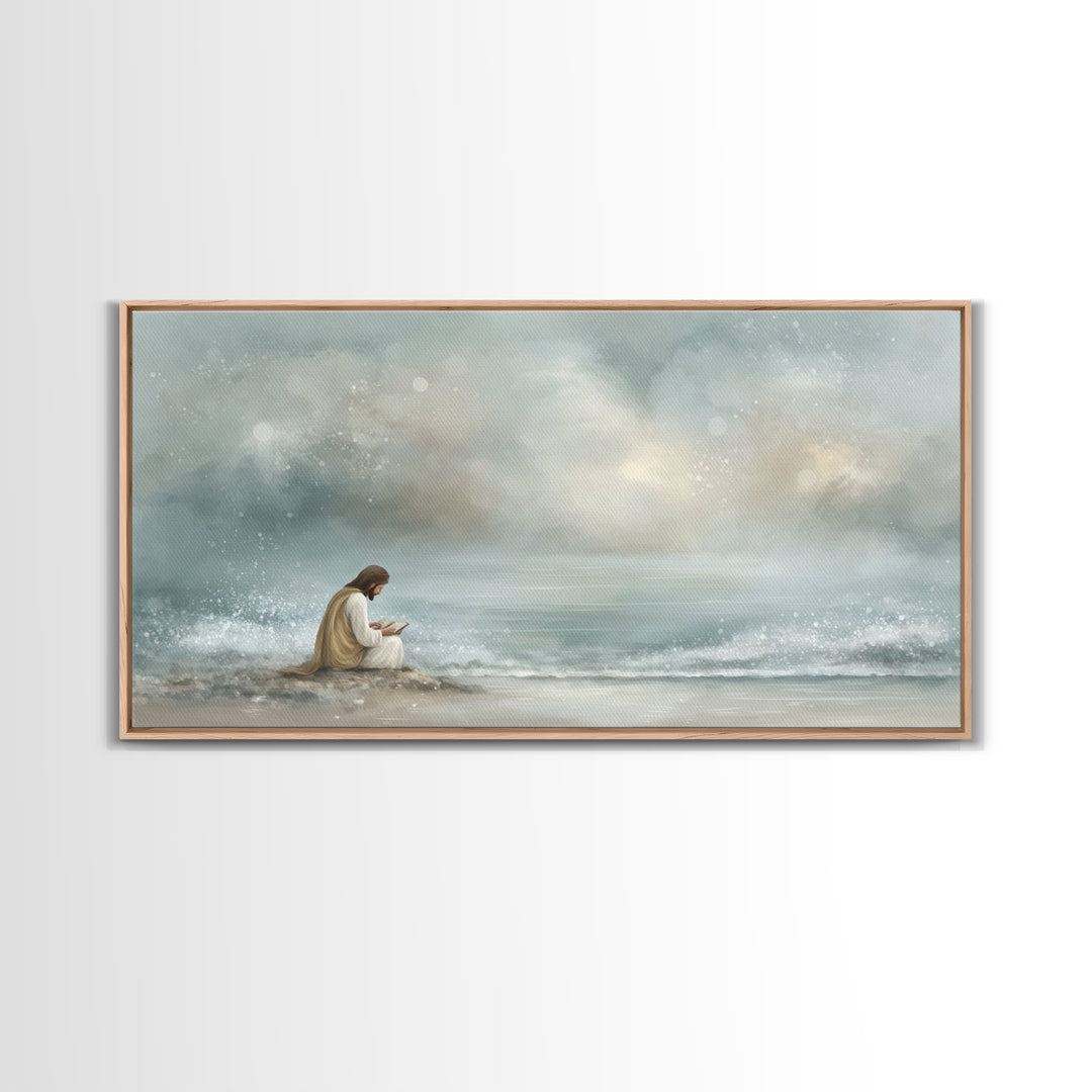 Shoreline Hope – Framed Canvas Print – Christian Art Canvas – Christian Wall Art – Jesus Painting – Minimalist Christian Art – Christian Gi