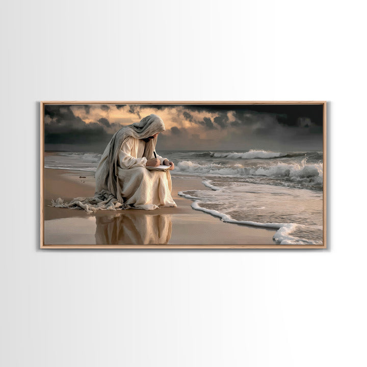 Shoreline Grace – Framed Canvas Print – Christian Wall Art – Jesus Painting – Modern Christian Art – Christian Christmas Art – Large Jesus