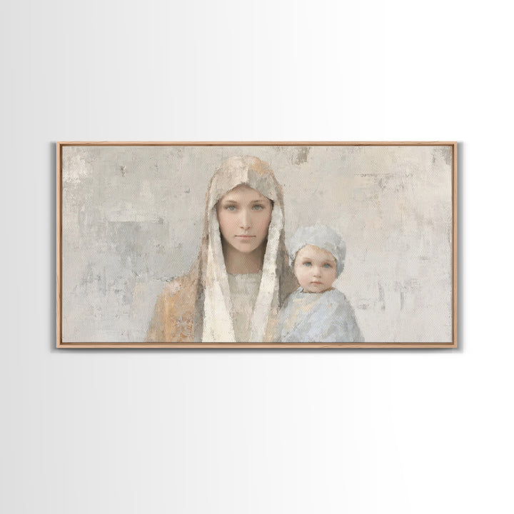 Mother’s Embrace, Framed Canvas Print, Christian Art Canvas, Mary and Jesus Painting, Christmas Wall Art, Christian Christmas Art, Modern C