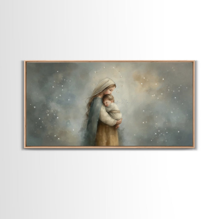 Starry Night Tenderness – Framed Canvas Print – Christian Christmas Art – Christian Art Gift – Mary and Jesus Painting – Christian Wall Art