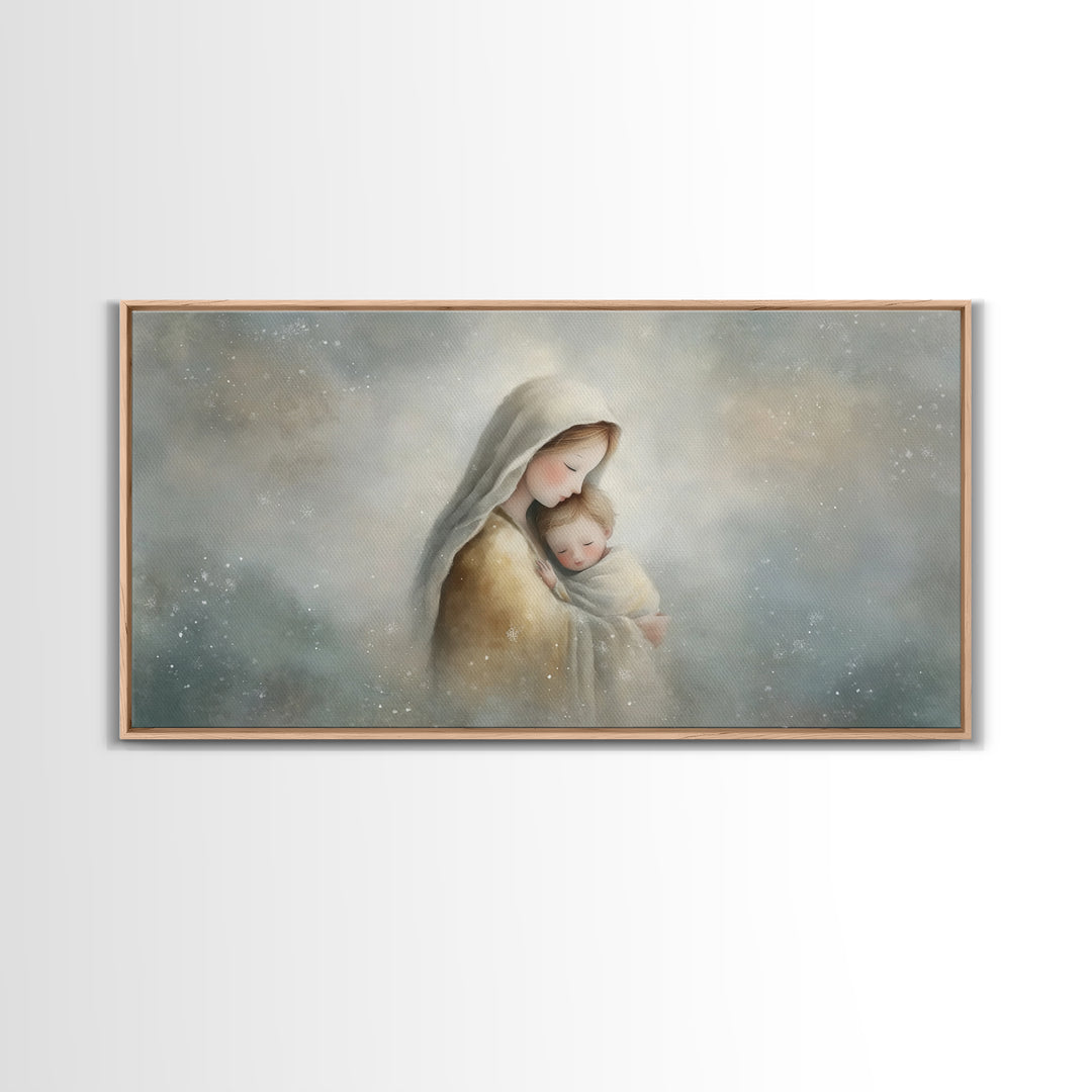 Snowfall Grace – Framed Canvas Print – Christmas Art – Christian Wall Art – Christian Art Canvas – Mary And Jesus Painting – Christian Gift