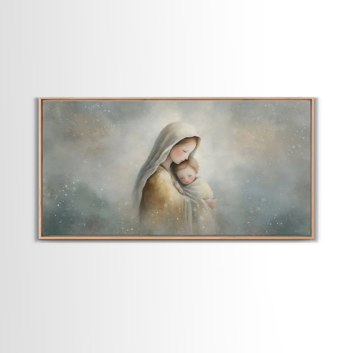 Snowfall Grace – Framed Canvas Print – Christmas Art – Christian Wall Art – Christian Art Canvas – Mary And Jesus Painting – Christian Gift