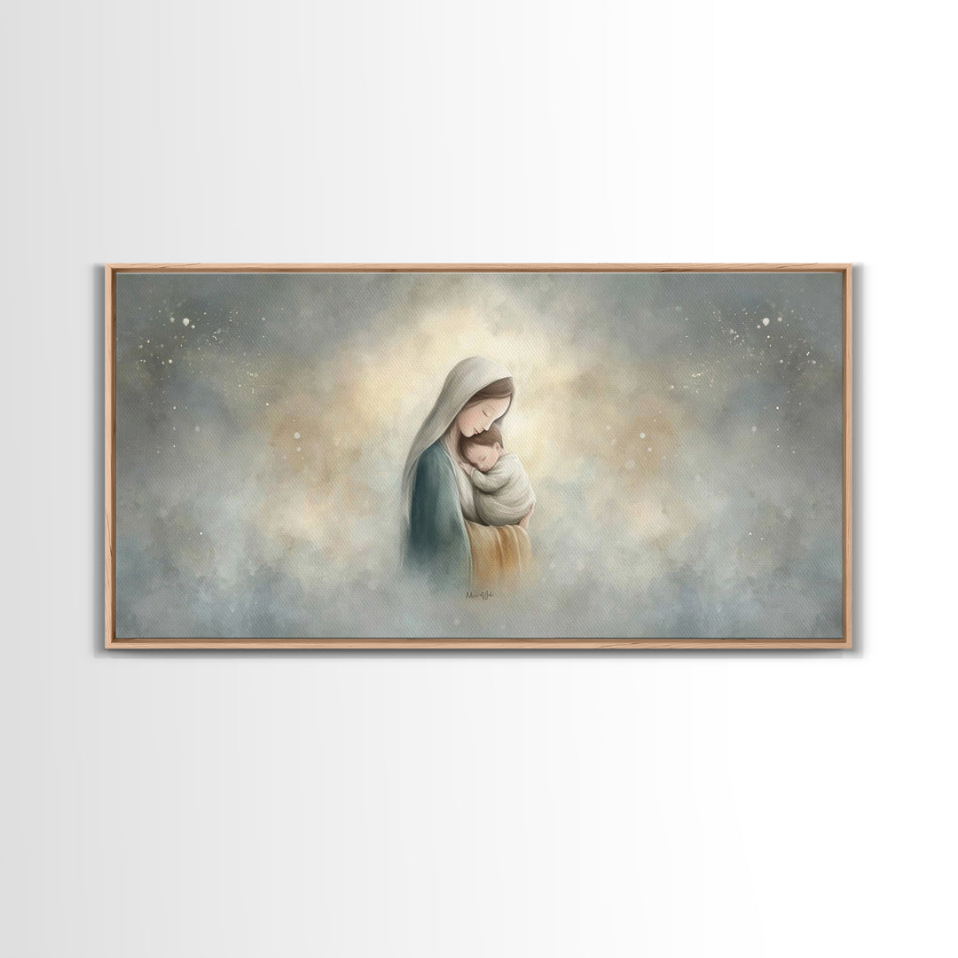 Sacred Embrace – Framed Canvas Print – Christian Art Canvas – Christian Wall Art – Jesus Painting – Christmas Art – Christian Christmas