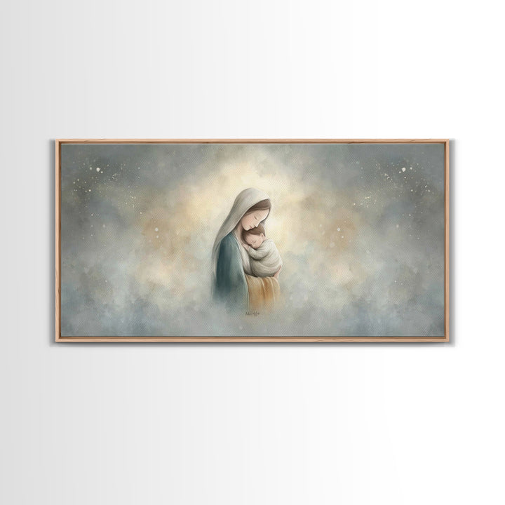 Sacred Embrace – Framed Canvas Print – Christian Art Canvas – Christian Wall Art – Jesus Painting – Christmas Art – Christian Christmas