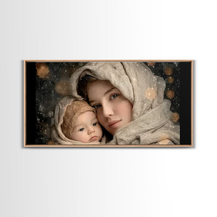 Winter Haven | Framed Canvas Print | Christian Wall Art | Christian Art Canvas | Mary And Jesus Painting | Christmas Art | Christian Art