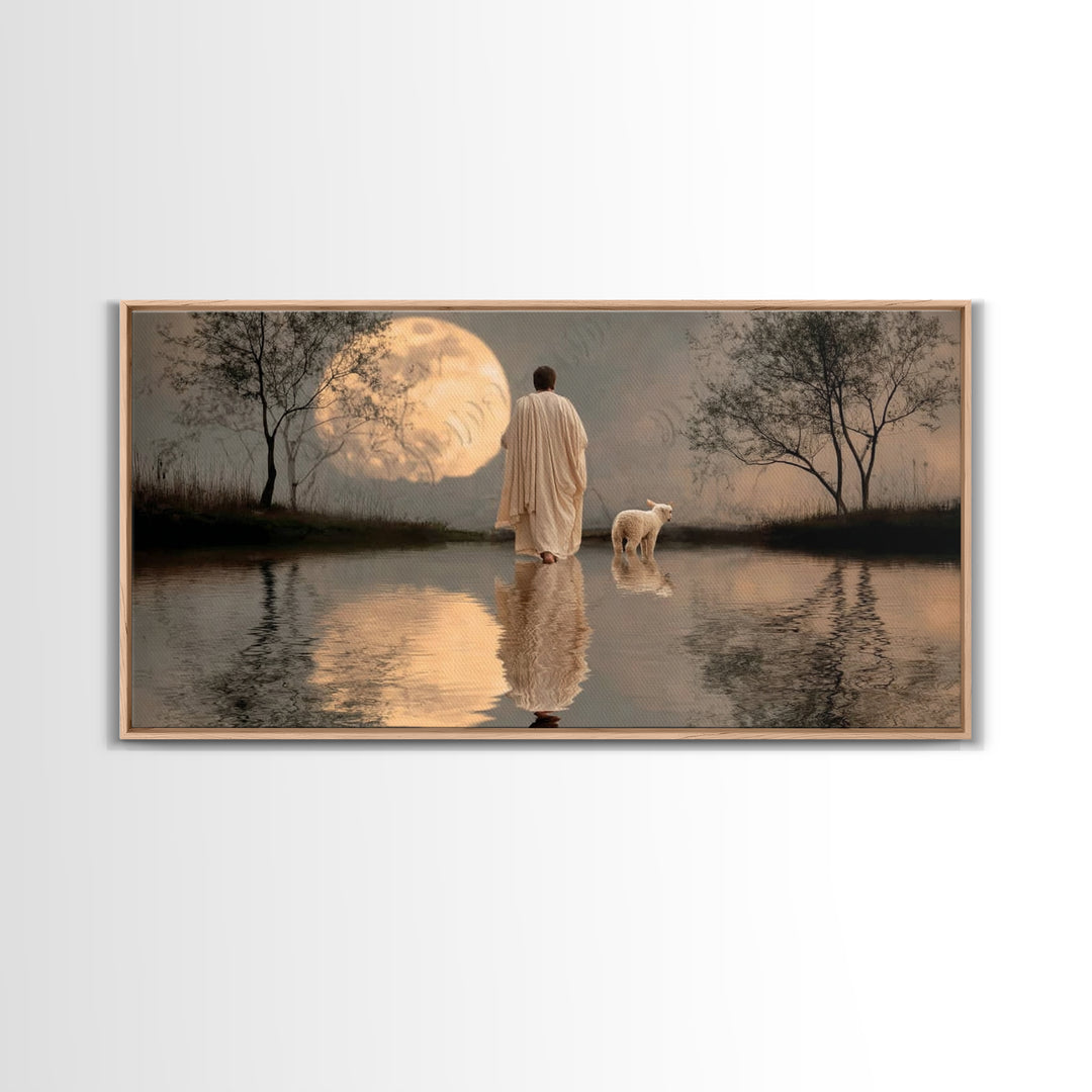 Moonlit Shepherd Calm – Framed Canvas Print – Christian Art Canvas – Christian Wall Art – Jesus Painting – Christian Christmas Art