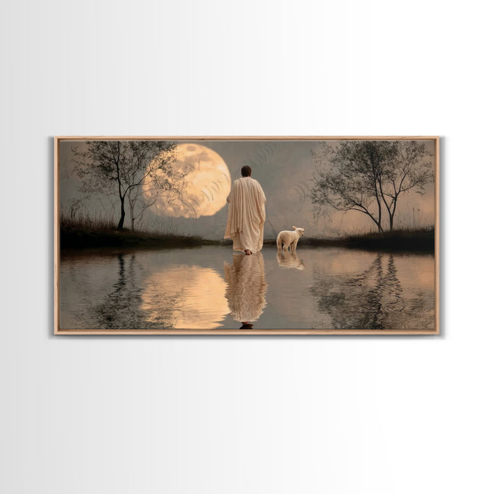 Moonlit Shepherd Calm – Framed Canvas Print – Christian Art Canvas – Christian Wall Art – Jesus Painting – Christian Christmas Art