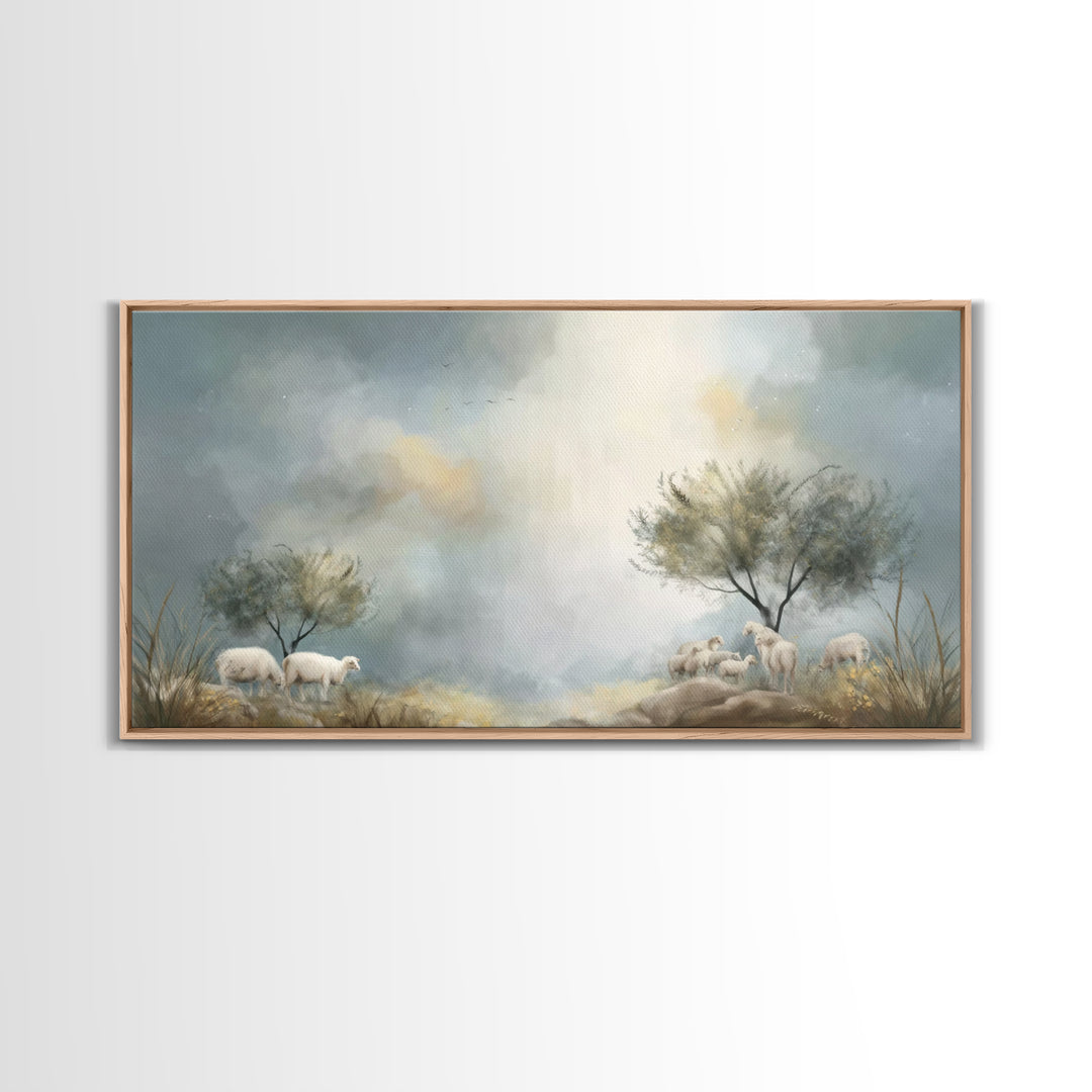 Sacred Pasture Stillness – Framed Canvas Print – Christian Art Print – Jesus Painting – Christian Wall Art – Christmas Canvas Wall Art – Ch
