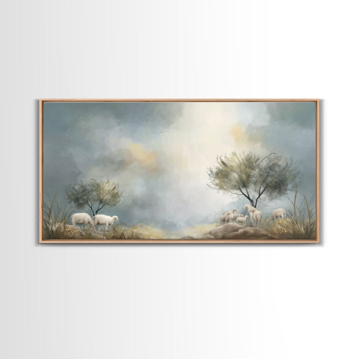 Sacred Pasture Stillness – Framed Canvas Print – Christian Art Print – Jesus Painting – Christian Wall Art – Christmas Canvas Wall Art – Ch