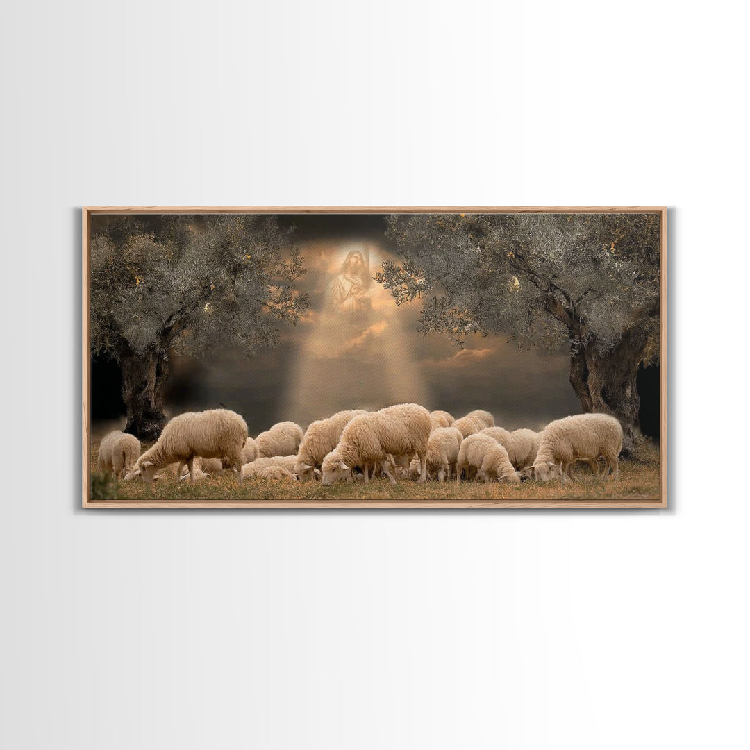 Heavenly Pasture Vision, Framed Canvas Print, Christian Christmas Art, Christian Wall Art, Jesus Painting, Christian Art Canvas, Christmas