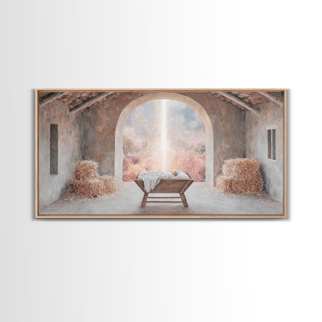 Blessed Manger Light – Framed Canvas Print – Christian Wall Art – Christian Art Canvas – Christmas Art – Christian Christmas Decor