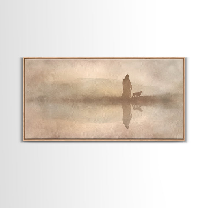 Shepherd In The Mist - Framed Canvas Print - Christian Art Canvas - Christian Christmas Art - Jesus Painting - Christian Wall Art