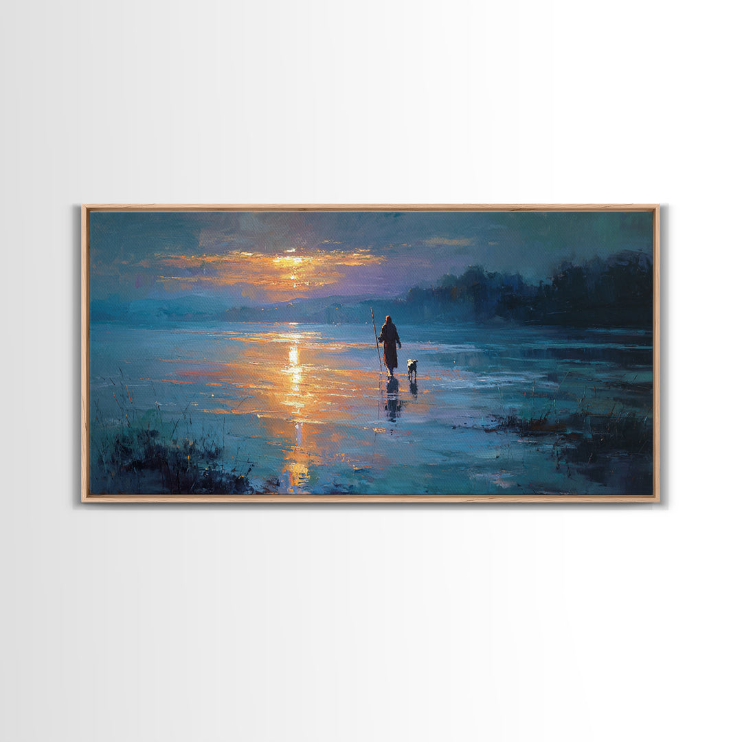 Evening Shepherd Walk - Framed Canvas Print - Christian Wall Art - Jesus Painting - Christian Christmas Art - Christian Art Canvas