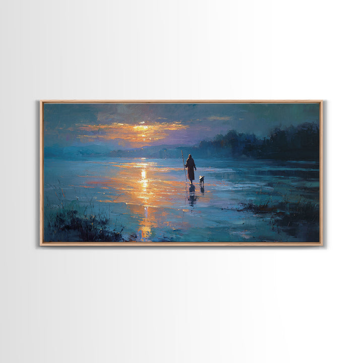 Evening Shepherd Walk - Framed Canvas Print - Christian Wall Art - Jesus Painting - Christian Christmas Art - Christian Art Canvas