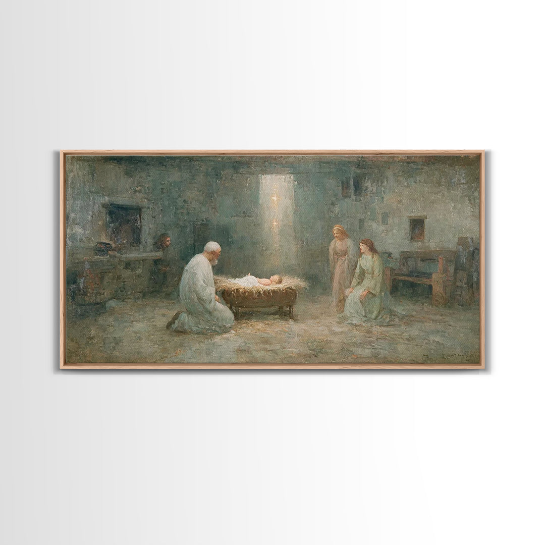 Nativity Reverence, Framed Canvas Print, Christian Paintings, Vintage Christian Art, Christian Wall Art, Christmas Art Framed
