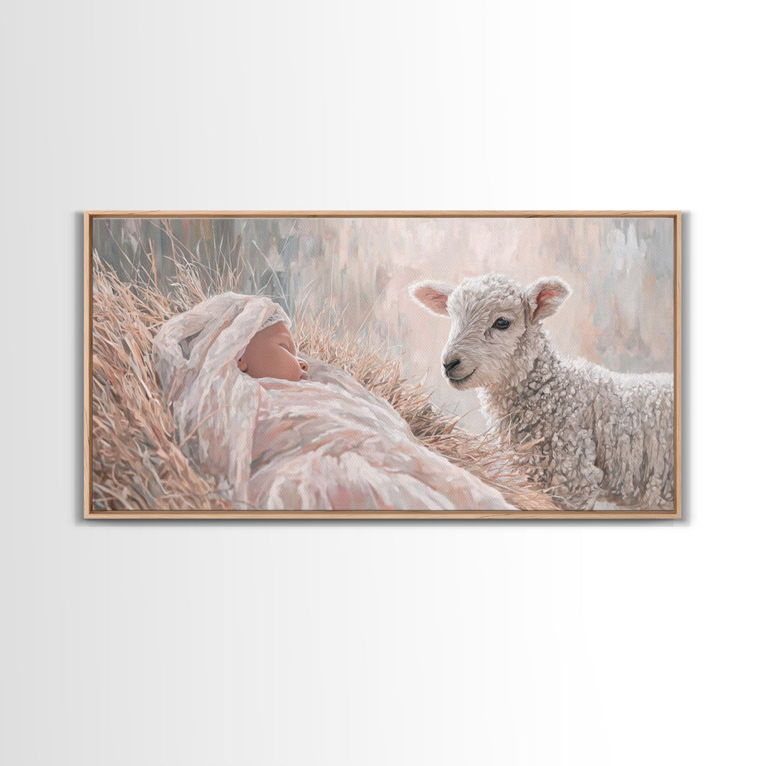 Lamb and Child – Framed Canvas Print – Jesus Painting – Christian Wall Art – Christian Art Canvas – Christian Christmas Art – Christian Dec