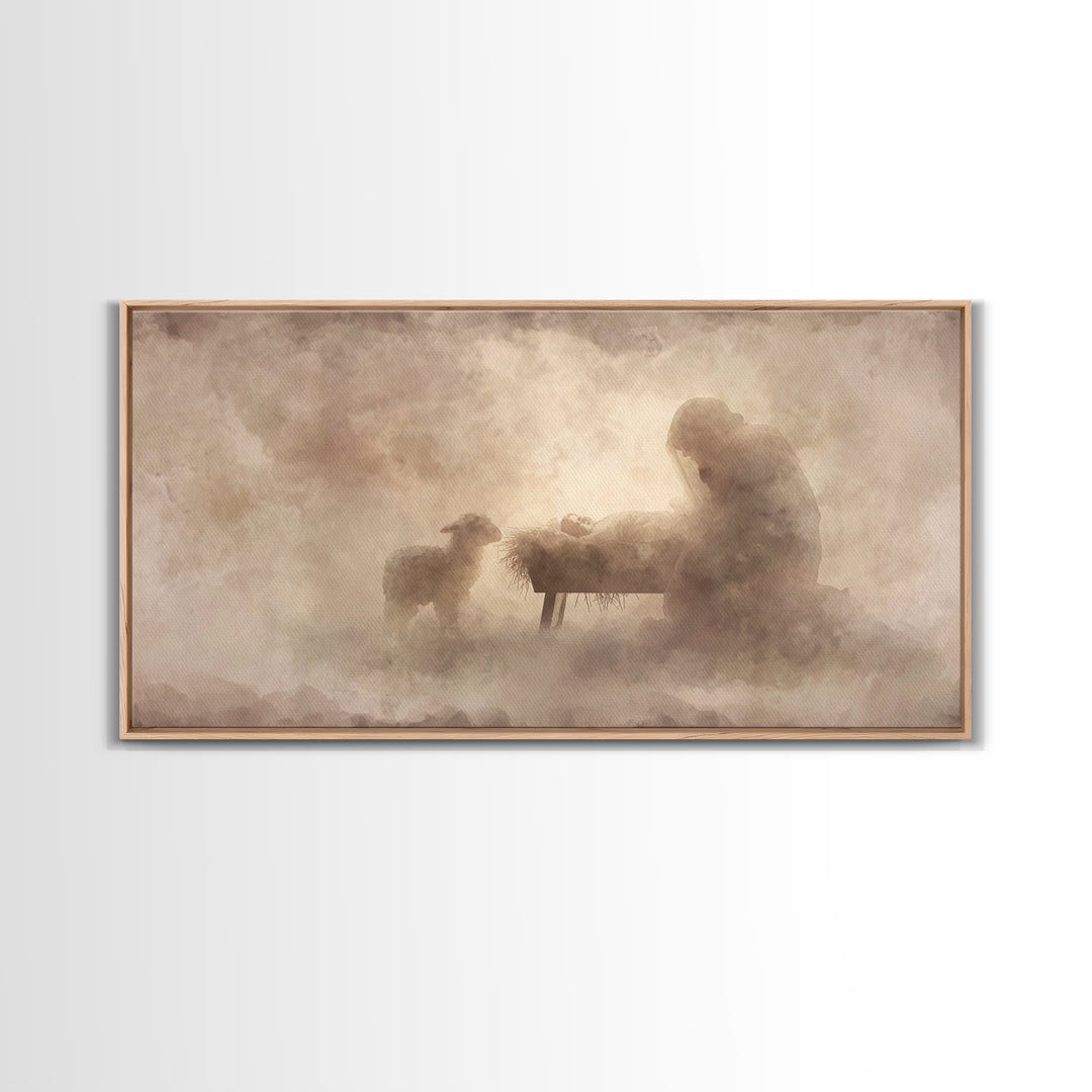 Holy Night Serenity, Framed Canvas Print, Christian Wall Art, Christian Art Canvas, Jesus Painting, Christian Christmas Art