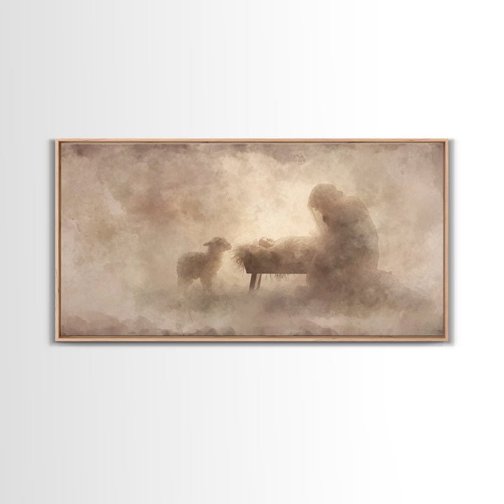 Holy Night Serenity, Framed Canvas Print, Christian Wall Art, Christian Art Canvas, Jesus Painting, Christian Christmas Art