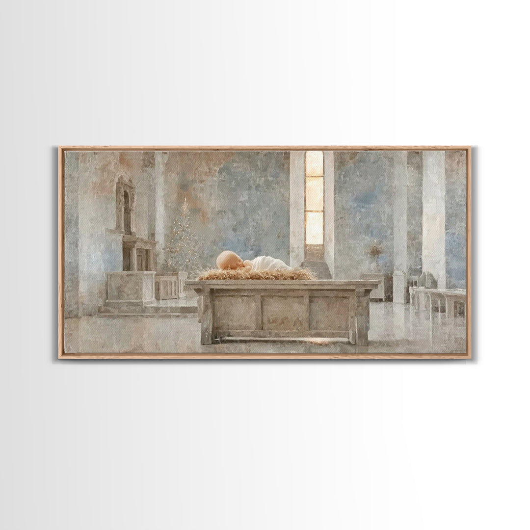 Sanctuary Manger Stillness | Framed Canvas Print | Christian Wall Art | Christian Art Canvas | Christian Christmas Art | Christmas Wall Art