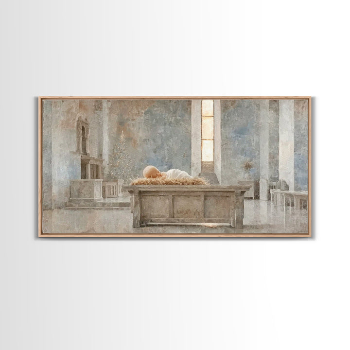 Sanctuary Manger Stillness | Framed Canvas Print | Christian Wall Art | Christian Art Canvas | Christian Christmas Art | Christmas Wall Art