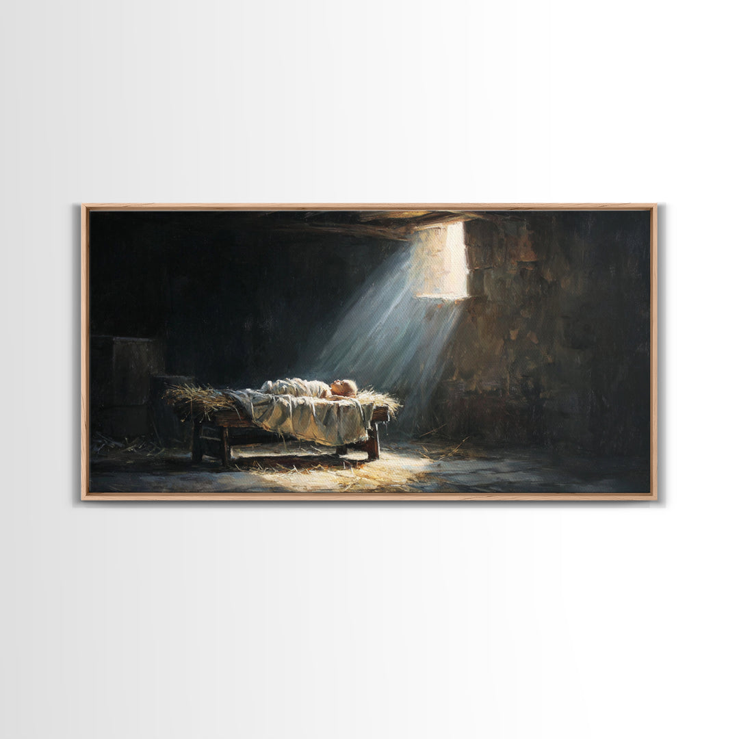 Manger Light Dawn | Framed Canvas Print | Christian Christmas Art | Christian Art Canvas | Christian Wall Art | Birth Of Jesus Painting | C