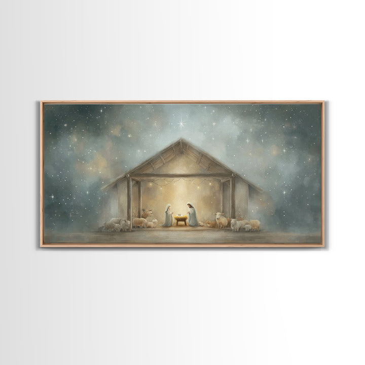 Holy Night Shelter – Framed Canvas Print – Christian Christmas Art – Framed Christmas Wall Art – Christian Art Canvas – Christmas Art Work