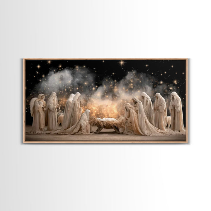 Angelic Midnight Glow – Framed Canvas Print – Christian Art Canvas – Jesus Painting – Christmas Art – Christian Christmas – Christian Decor