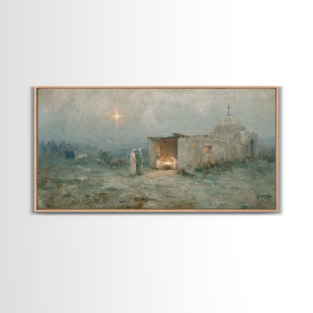 Sacred Night Refuge – Framed Canvas Print – Christian Art Canvas – Jesus Painting – Christmas Art – Christian Christmas – Christian Decor
