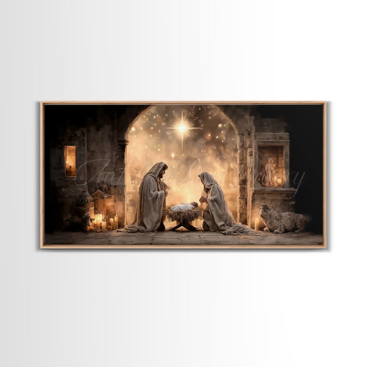 Radiant Manger Hope – Framed Canvas Print – Christian Christmas Art – Christian Art Canvas – Jesus Painting – Framed Christmas Art – Christ