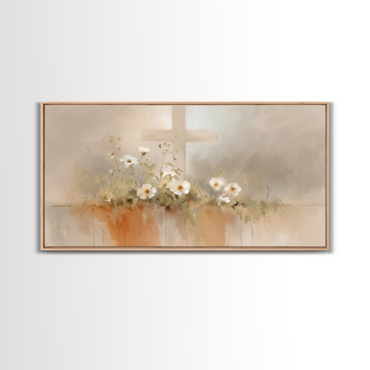 Peaceful Cross Light – Framed Canvas Print – Christian Wall Art – Minimalist Christian Art – Christian Art Print – Subtle Christian Paintin