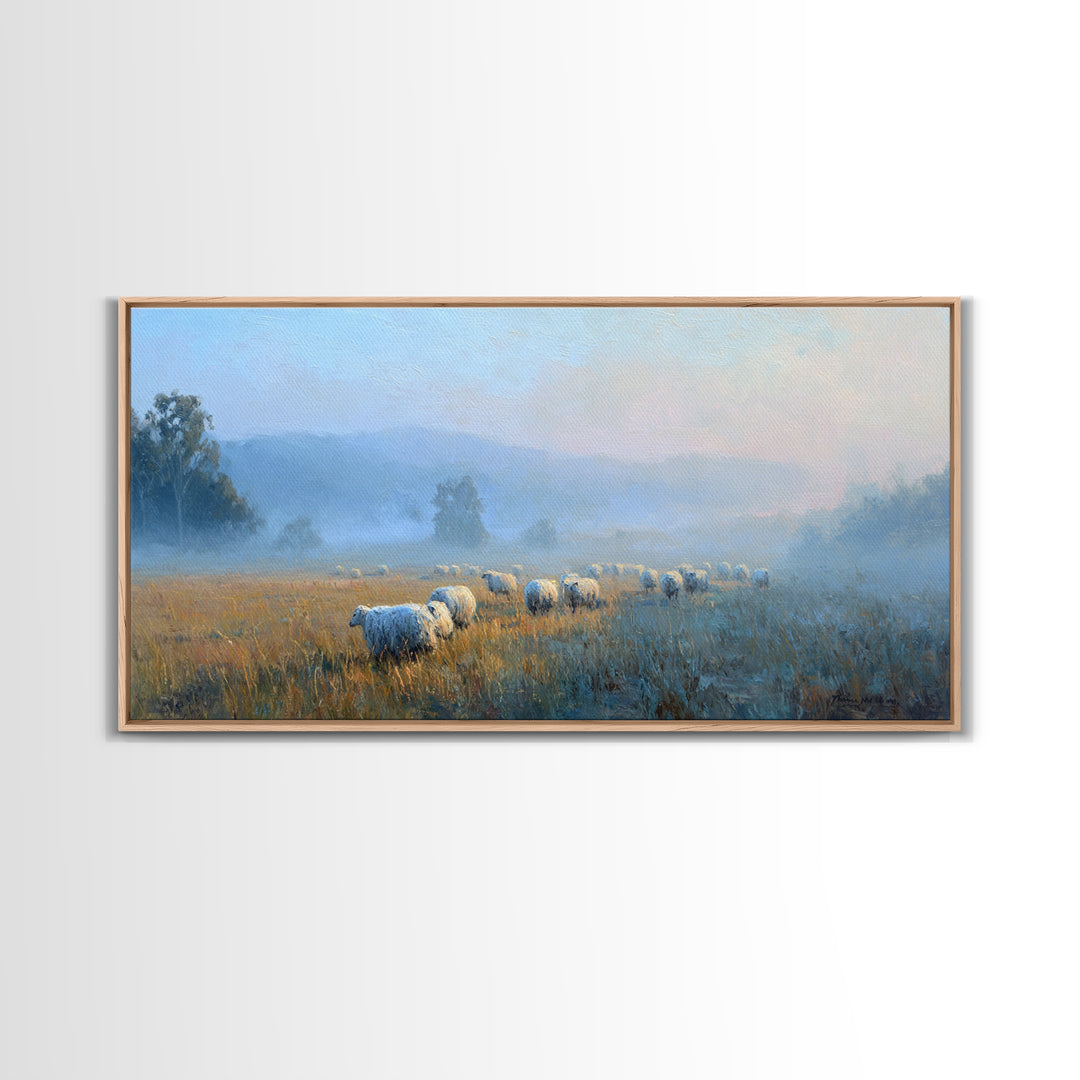 Misty Pastures – Framed Canvas Print – Christian Art – Christian Wall Art – Christian Art Canvas – Christian Art Painting – Large Christian