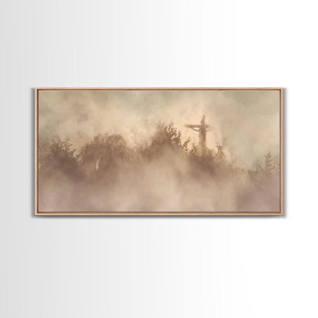Cross In Mist – Framed Canvas Print – Christian Wall Art – Christian Art Canvas – Christian Art – Moody Christian Art – Christian Christmas
