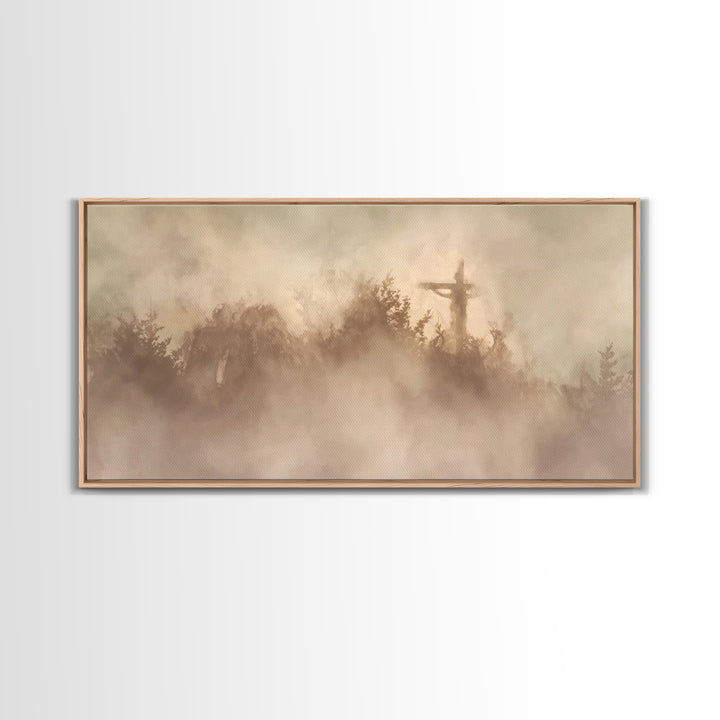 Cross In Mist – Framed Canvas Print – Christian Wall Art – Christian Art Canvas – Christian Art – Moody Christian Art – Christian Christmas