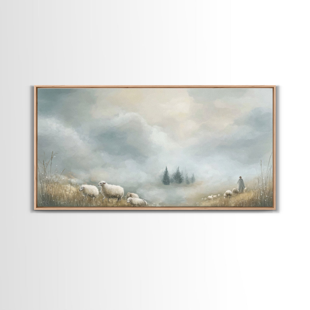 Dawn Meadow Peace, Framed Canvas Print, Christian Art Canvas, Christian Wall Art, Christian Christmas Art, Christian Decor, Jesus Painting