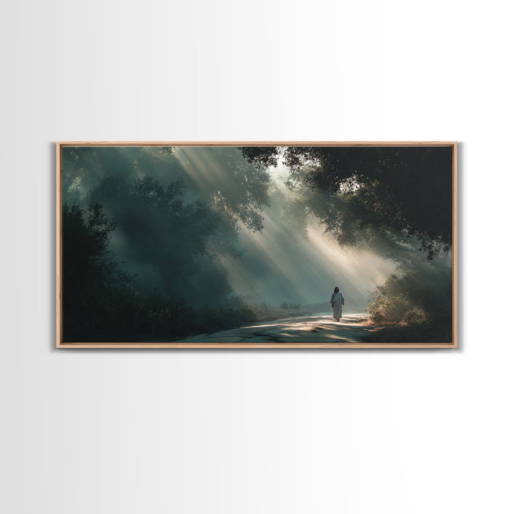 Forest Light Path | Framed Canvas Print | Jesus Painting | Christian Art Canvas | Christian Wall Art | Christian Christmas Art | Christian