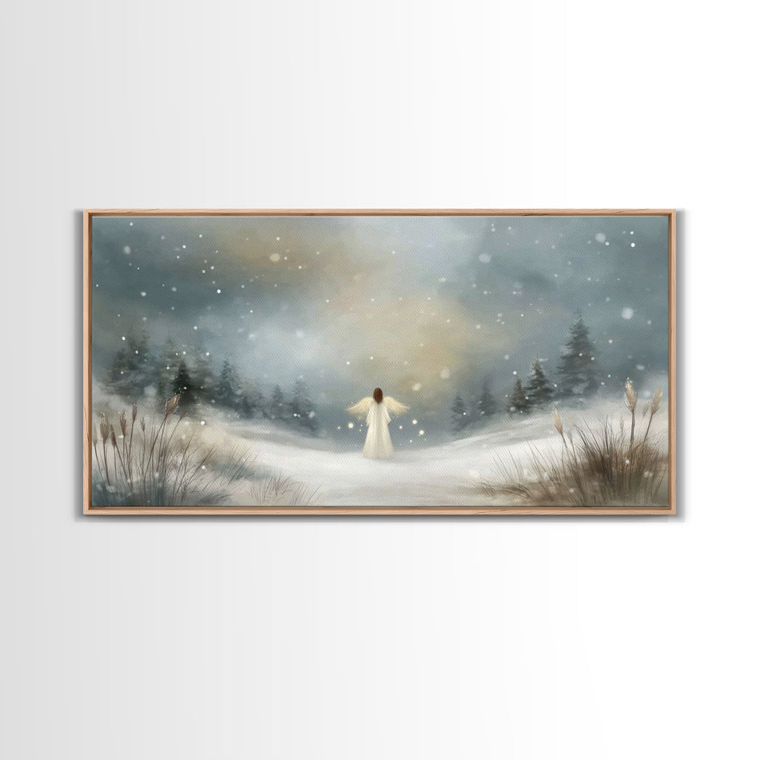 Angel In The Snow, Framed Canvas Print, Christmas Art Prints, Christian Wall Art, Angel Art, Moody Christmas Art