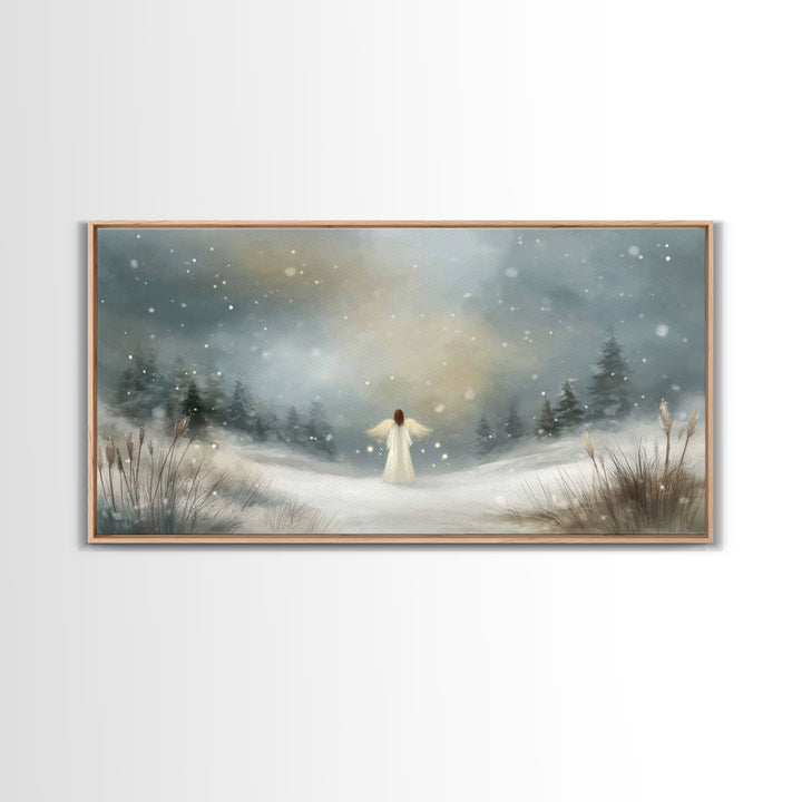 Angel In The Snow, Framed Canvas Print, Christmas Art Prints, Christian Wall Art, Angel Art, Moody Christmas Art